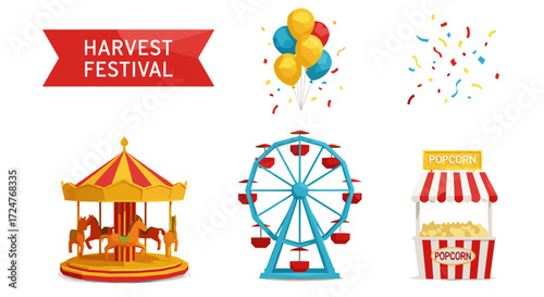 Illustration of a harvest festival with rides and food and decorations