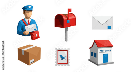 Illustration of a postman with mailbox and post office related icons