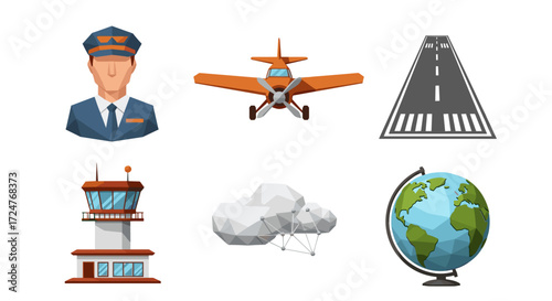 Illustration of aviation elements including pilot plane runway and tower