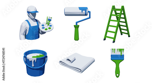 Illustration of a painter with painting tools and a ladder on white background