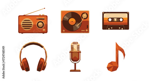 Illustration of vintage music devices including radio turntable and more