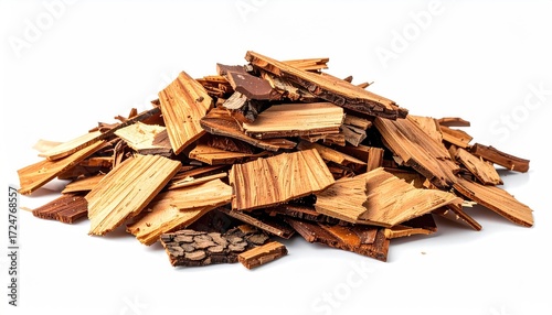 Wallpaper Mural A sizable pile of irregularly shaped, dark brown wood chips and slivers, showcasing varied textures and sizes, rests on a stark white background Torontodigital.ca
