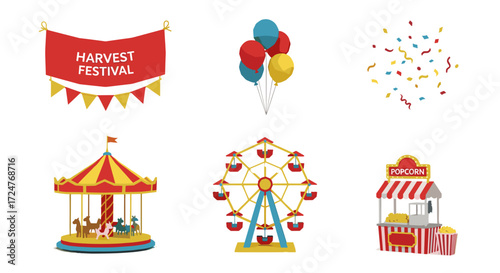 Illustration of a harvest festival with rides and food stall elements