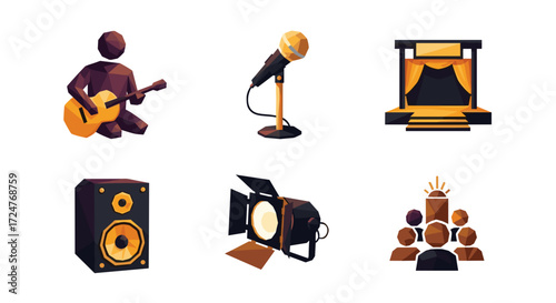 Illustration of stage equipment and performer with a guitar and audience