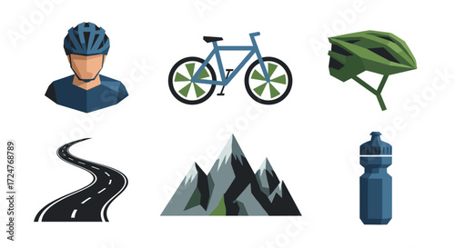 Illustration of cyclist with bike helmet bicycle road mountains and bottle