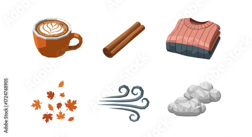 Illustration of coffee, cinnamon sticks, sweater, leaves, wind, and clouds