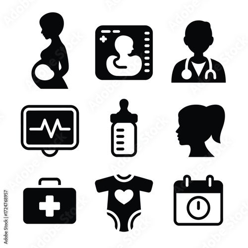 Medical and baby icons vector set silhouette of pregnancy doctor ultrasound and more for healthcare vector