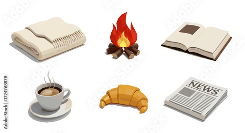 A cozy scene featuring a blanket, fire, book, coffee, croissant, newspaper