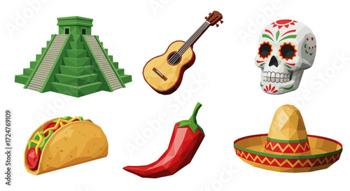 Depiction of mexican culture icons including food, music and traditions