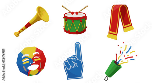 Illustration of a drum, horn, scarf, mask, glove, and party popper item