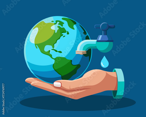 Hand holding earth with water dripping from a faucet
