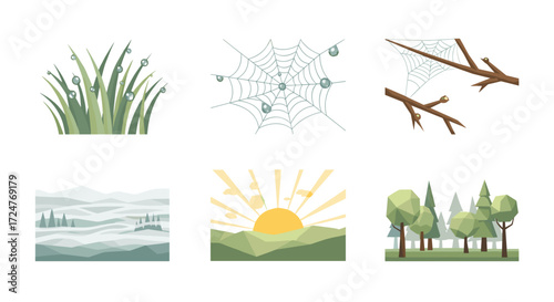 Collection of nature themed illustrations including grass, webs and landscapes