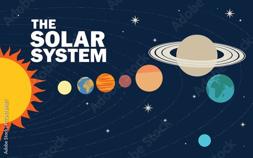 Stylized illustration of the solar system with planets and stars