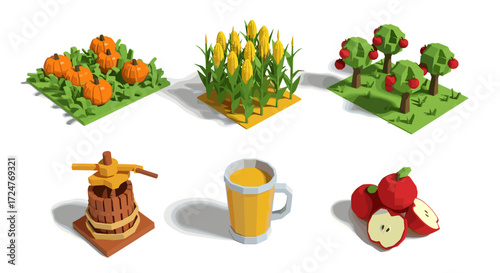 Isometric farm with pumpkins corn apple trees cider press and apple juice