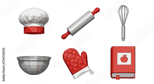 Illustration of baking tools including hat rolling pin whisk and cookbook