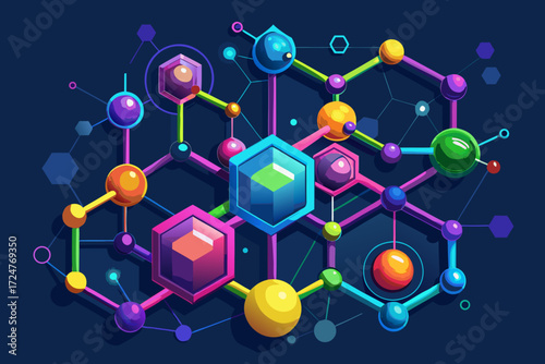 Colorful abstract network of geometric shapes and spheres
