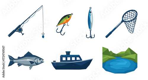 Illustration of fishing equipment including rod boat fish and landscape