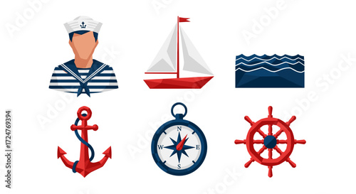 Illustration of sailor, sailboat, waves, anchor, compass, and ship wheel
