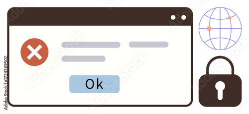 Browser window showing a red error sign, Ok button, and text alongside lock and globe icons. Ideal for cybersecurity, error messages, privacy, internet safety, online warnings, web protocols simple
