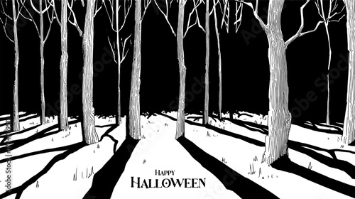 Black and white image of trees on a dark night road landscape for halloween