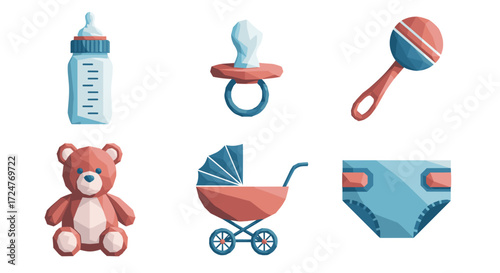 Illustration of baby items including bottle pacifier rattle and more toys