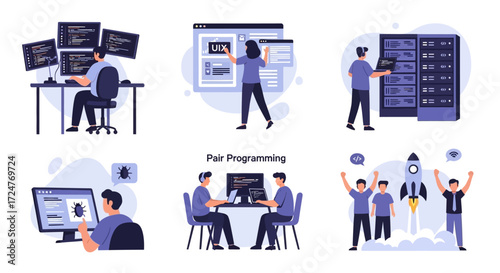 Explore a collection of vector illustrations representing various aspects of technology, software development, teamwork, and innovation, perfect for websites, presentations and articles