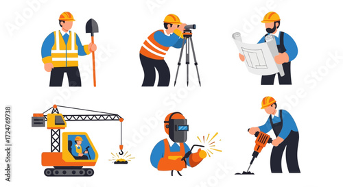 Diverse Construction Professionals A Comprehensive Vector Illustration Set Featuring Architects, Engineers, Welders, and Heavy Machinery Operators, Showcasing Various Roles and Equipment