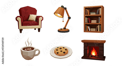 Illustration of a cozy room setting with furniture and comfort items