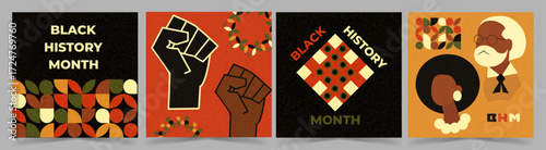 Vector Set of Posters for Black History Month with geometric patterns, raised fist symbol, afro silhouette and portraits. Cultural heritage, unity, equality, diversity and empowerment design concept.