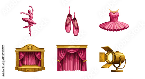 Illustration of ballet dancer shoes dress stage curtains and spotlight