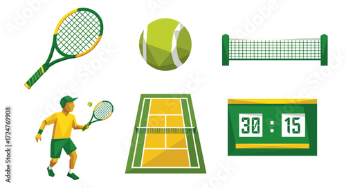 Illustration of tennis equipment and a player on a tennis court scene
