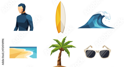 Illustration of surfer, surfboard, wave, beach, palm tree and sunglasses