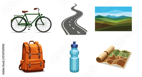 Illustration of bicycle road landscape backpack water bottle and map item