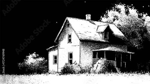 The old abandoned wood house building, its architecture framed by nature and snow-covered trees, halloween background