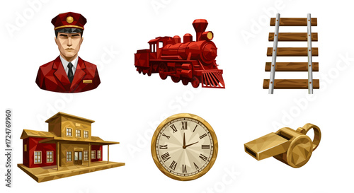 Illustrative train set featuring conductor, train, tracks and station