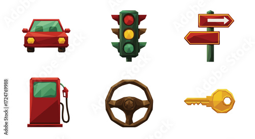 Illustration of a red car, traffic light, gas station, and other objects