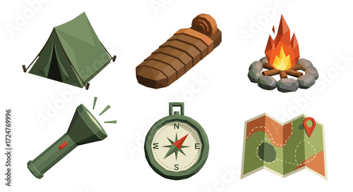 Illustration of camping gear including tent, sleeping bag and campfire