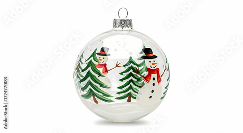 A festive clear glass Christmas ornament adorned with hand-painted snowmen and evergreen trees, evoking a winter wonderland scene.