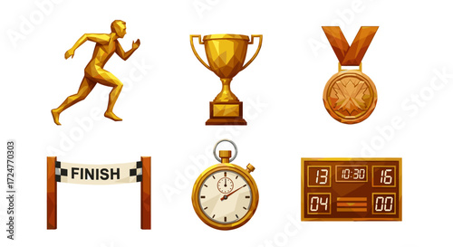 Illustration of a runner trophy medal finish line stopwatch and scoreboard