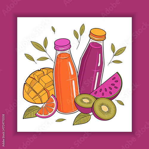 Colorful fruit juice bottles with fresh tropical fruits vector illustration
