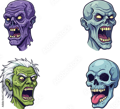 Zombie skull illustration, scary horror face, Halloween monster artwork, creepy undead head, spooky cartoon design, colorful skull graphic, evil screaming zombie, grotesque skull art