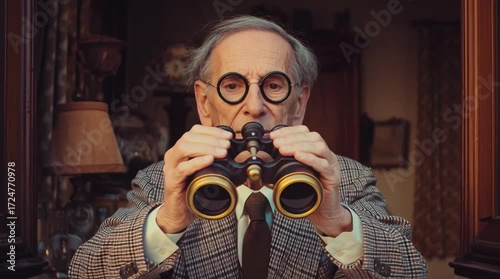 Cinematic photo of A retired Italian clockmaker in his 70s with round glasses and meticulous clothing, peering through vintage binoculars from his window, warm Mediterranean light,