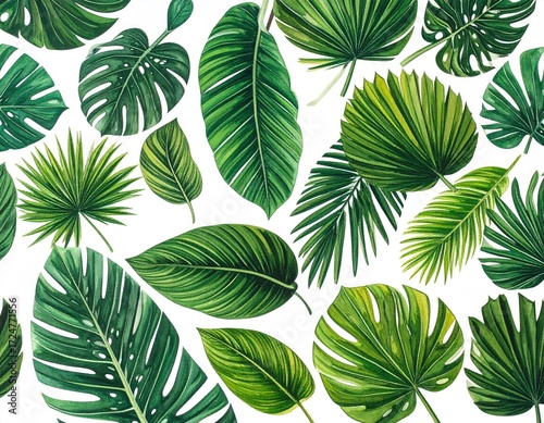 A vibrant array of lush, green tropical leaves of varying shapes and sizes, scattered against a crisp white background, creating a lively, botanical pattern
