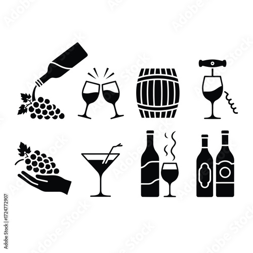 Set of eight black and white wine related vector icons for commercial use vector