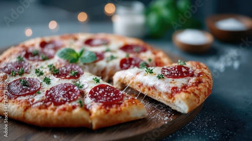 Pepperoni Pizza Close Up on Wooden Board with Toppings and Mozzarella Cheese on Gray Background
