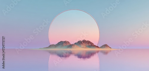 Serene Pastel Landscape with Island Reflection and Circular Frame