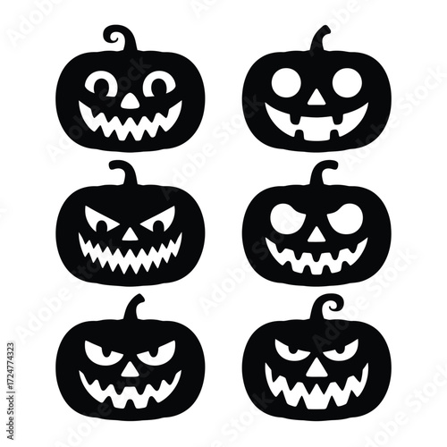 Set of six black silhouette jack o lantern halloween icons vector illustration scalable eps vector