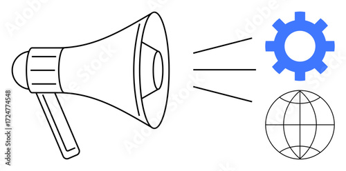 Megaphone projecting sound or messages toward a gear and globe. Ideal for marketing, advertising, global communication, teamwork, technical innovation, networking, spreading ideas. Simple flat