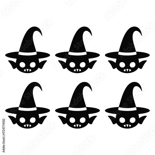 Set of six scalable vector illustrations of black witch hats with spooky monster faces for halloween themed graphics vector