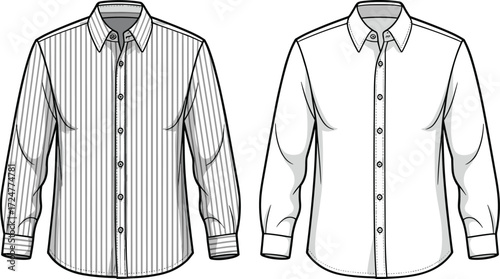 Men’s classic formal shirt flat sketch with striped and plain design, long sleeve button down shirt, vector cad drawing template illustration